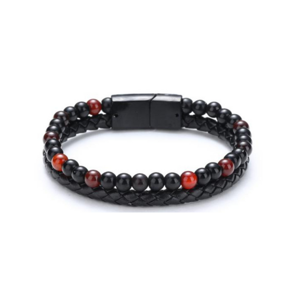 Armband läder+beads - svartröd