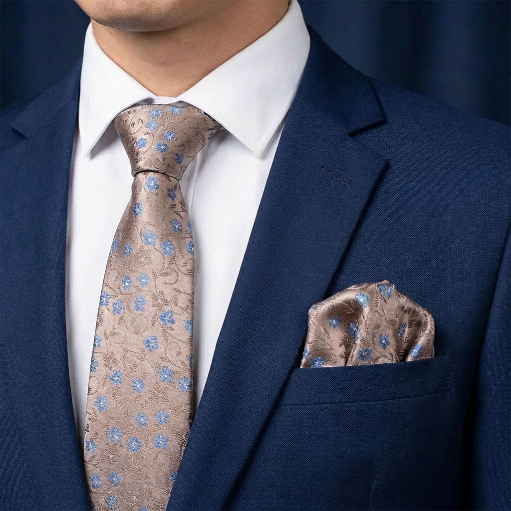 Sidenslips och näsduk 19746, mönstrad beige