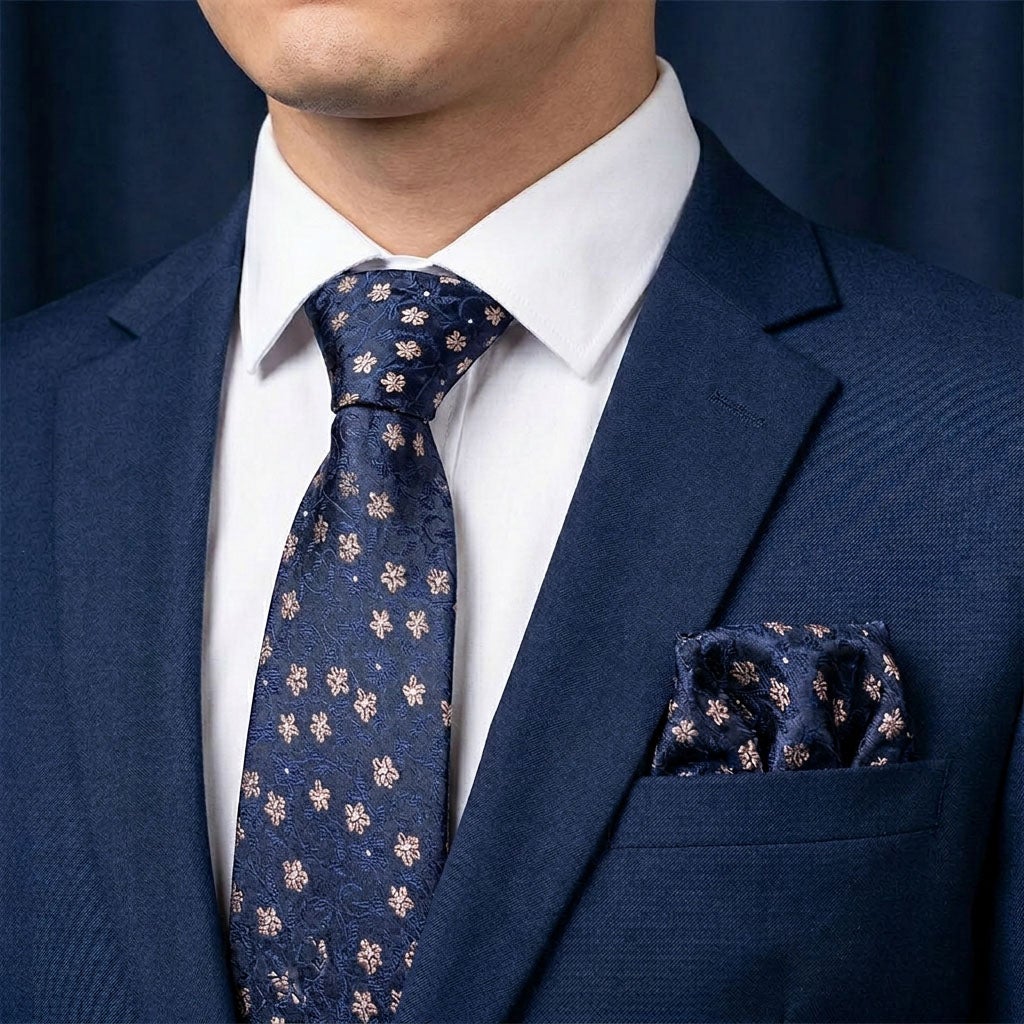 Sidenslips och näsduk 19746, mönstrad marinblå