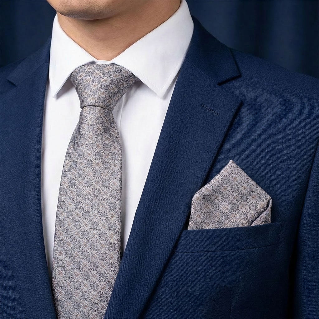 Sidenslips och näsduk 19730, mönstrad beige