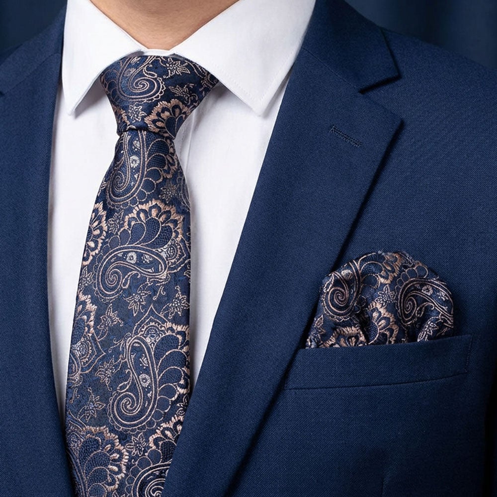 Sidenslips och näsduk 19744, mönstrad marinblå