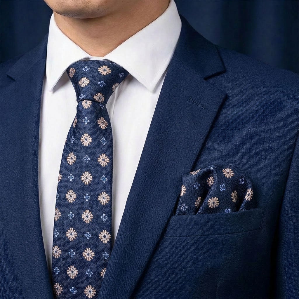 Sidenslips och näsduk 19740, mönstrad marinblå/beige