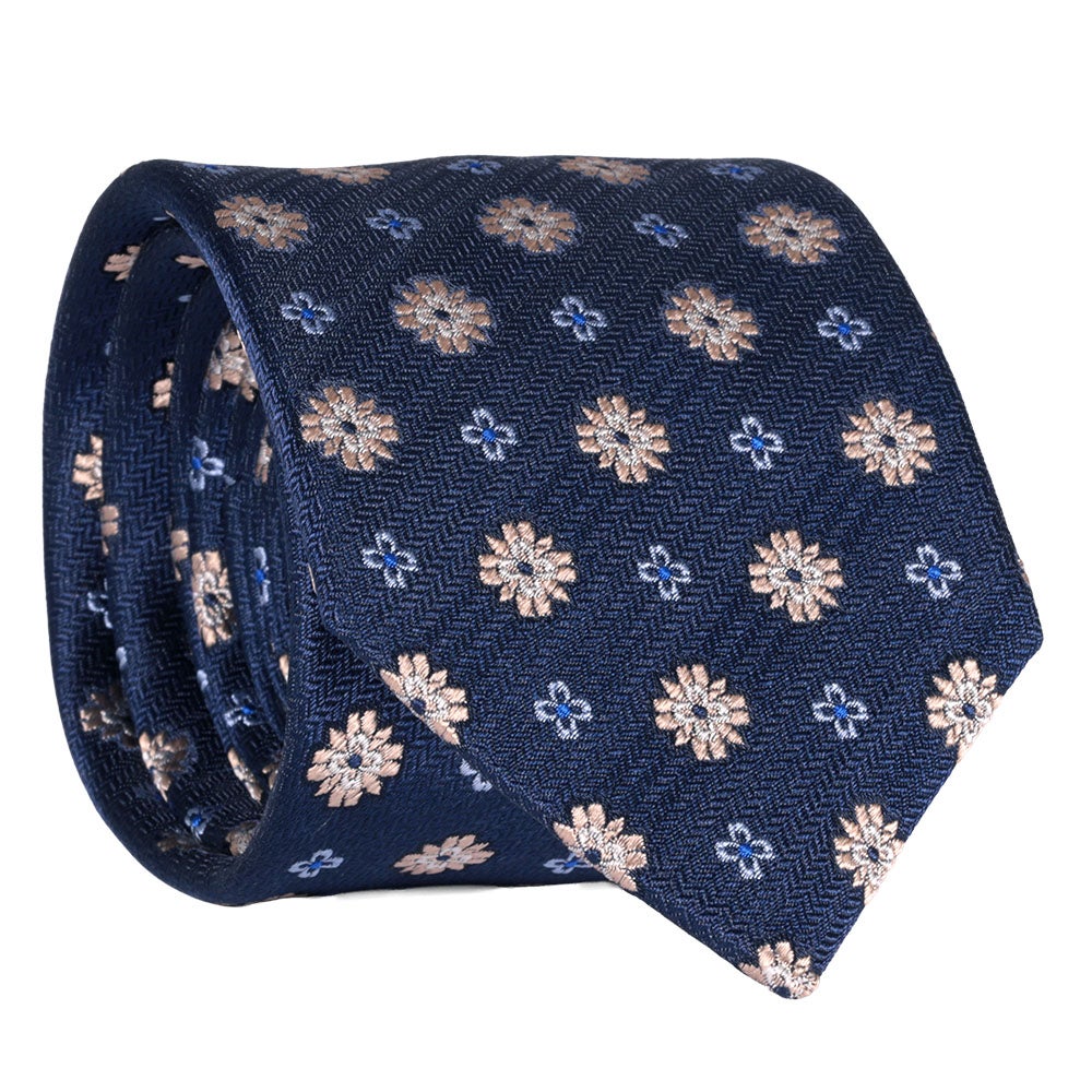 Sidenslips, mönstrad marinblå/beige