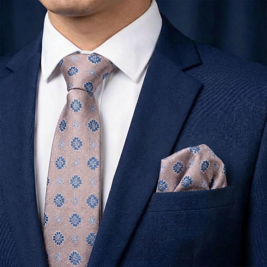 Sidenslips och näsduk 19740, mönstrad beige